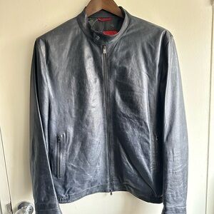 ISAIA Navy Midnight Leather Cafe Racer EU50